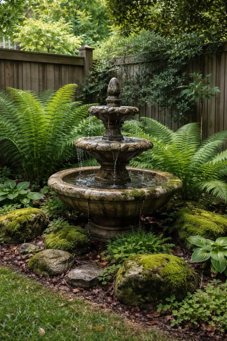 A realistic photo of a typical American home's backyard showing a small weathered stone tiered fountain with water trickling down its levels, surrounded by lush green ferns and mossy rocks in a shaded corner.