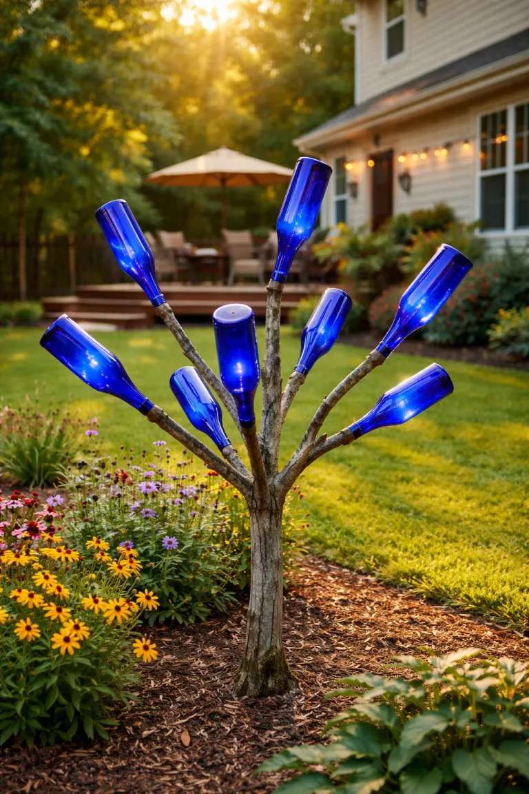 A realistic photo of a typical American home's backyard featuring a bottle tree made of an old grey wooden branch with several cobalt blue glass bottles placed upside down on the twigs, glowing in the sun.