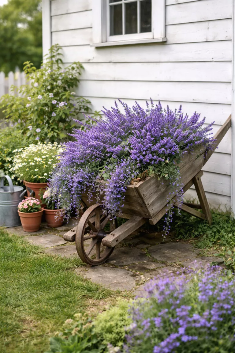 A realistic photo of a traditional American home's backyard with a propped wooden wheelbarrow, mounds of fragrant purple lavender flow over the sides, trailing lobelia adds a touch of blue, the scene is set against a white barn wall.