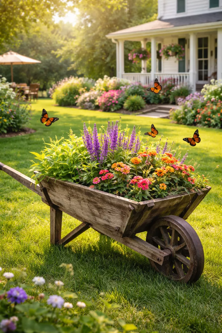 A realistic photo of a traditional American home's backyard with a rustic wheelbarrow filled with milkweed, purple salvia, and bright lantana, several monarch butterflies hover around the flowers in the bright morning light.