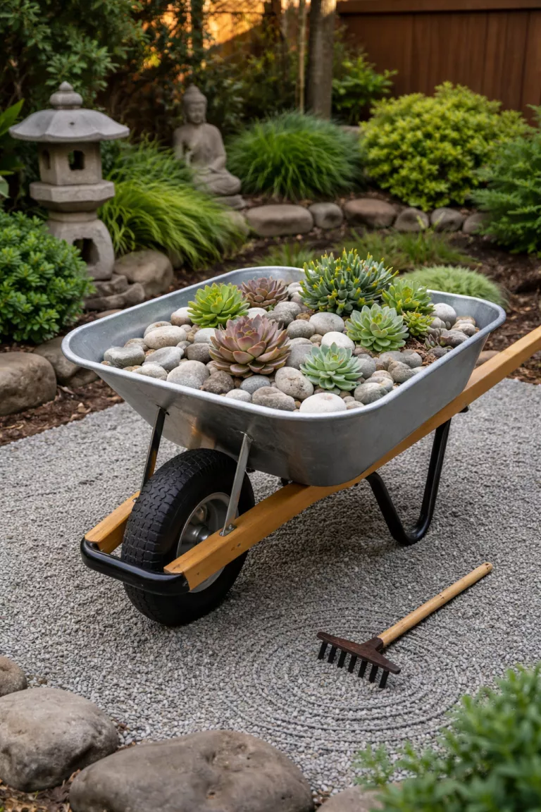 A realistic photo of a traditional American home's backyard showing a very stable metal wheelbarrow arranged with smooth river rocks and small succulents, a tiny rake sits on a patch of fine gray gravel in a peaceful meditation corner.