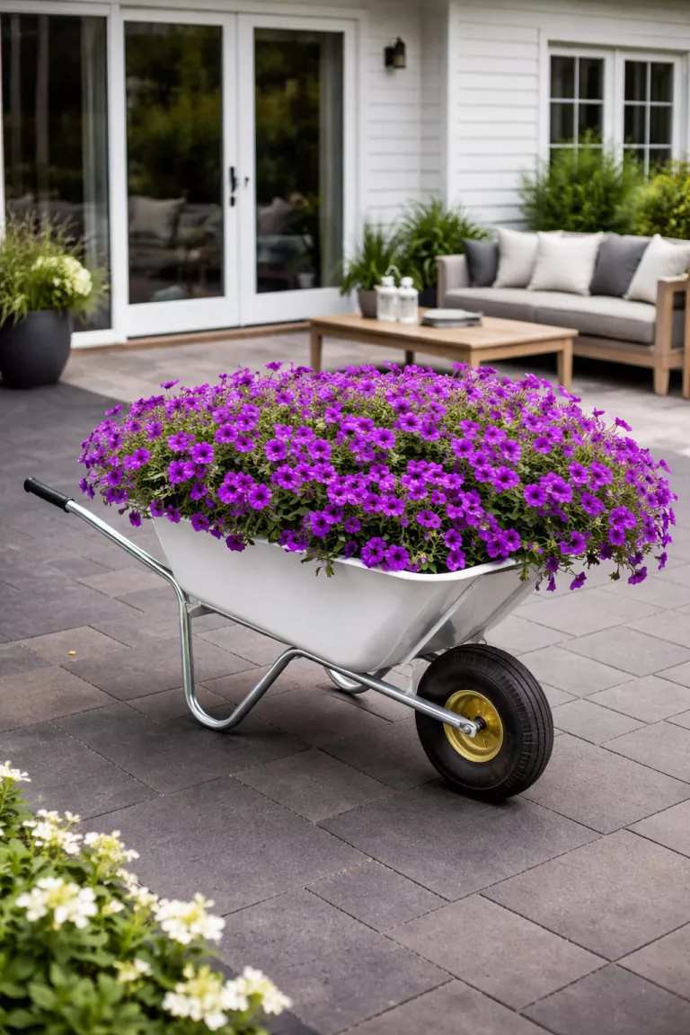 A realistic photo of a traditional American home's backyard with a modern white metal wheelbarrow, it is overflowing with purple wave petunias, the planter looks clean and bright against a dark gray patio background with minimalist furniture.