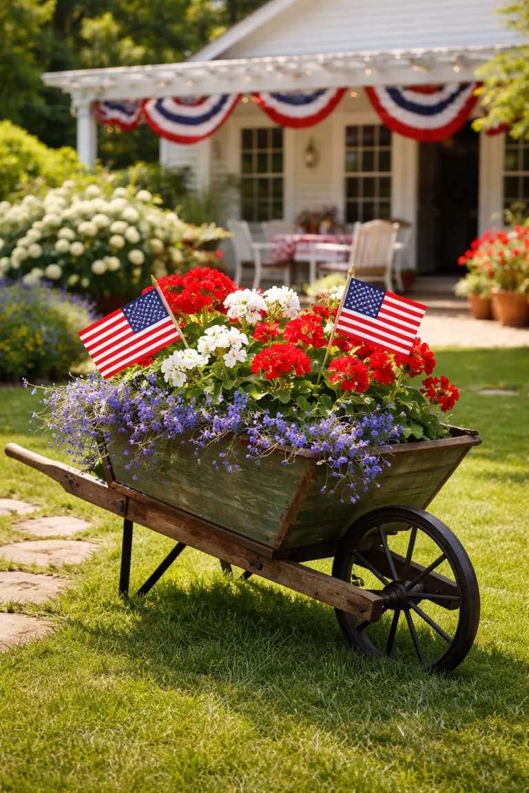 A realistic photo of a traditional American home's backyard showing a wheelbarrow decorated for a summer holiday, it is filled with red and white geraniums and blue lobelia, two small American flags are tucked into the soil.