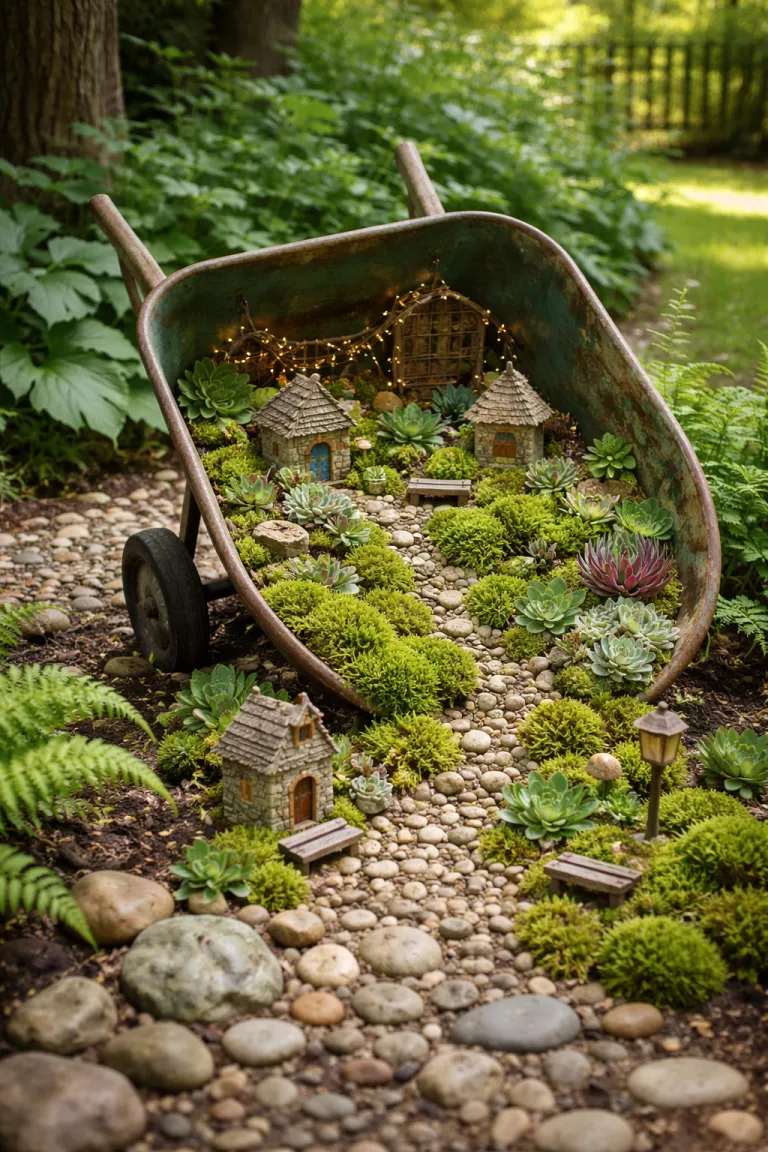 A realistic photo of a traditional American home's backyard featuring a tipped wheelbarrow as a fairy garden, miniature succulents and green moss spill onto a pebble path, tiny stone houses and small wooden benches are nestled among the plants in the shade.