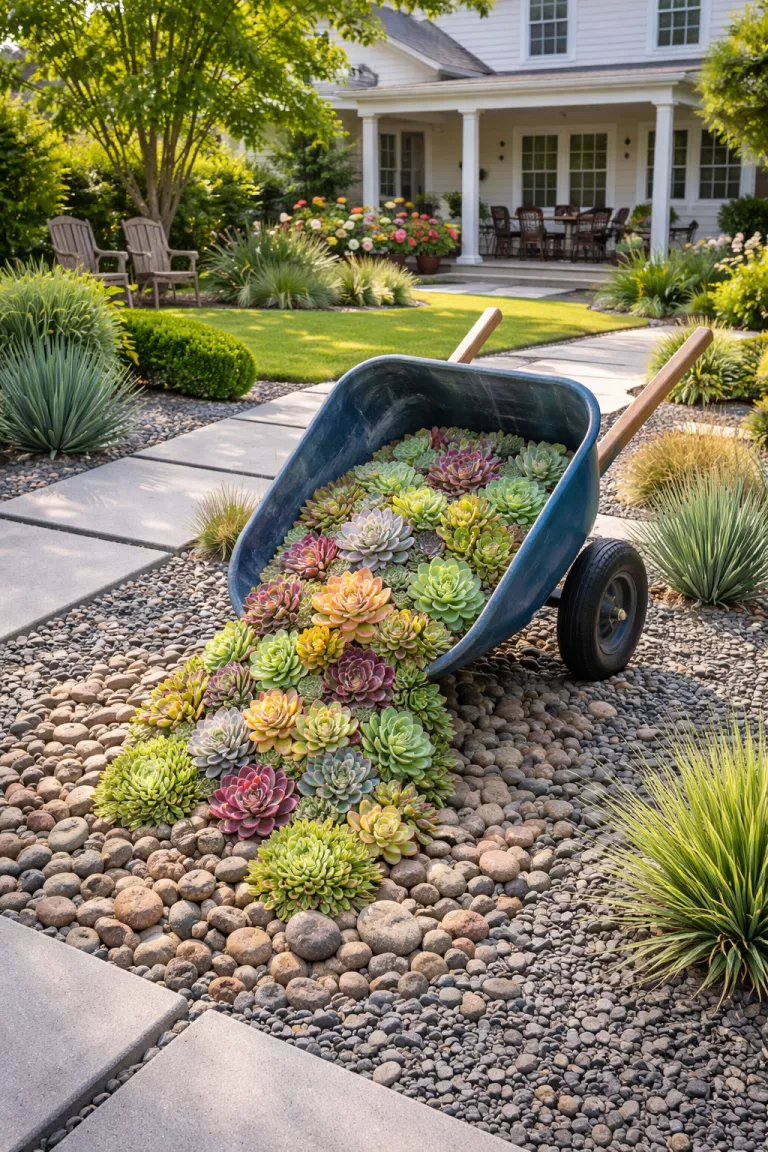 A realistic photo of a traditional American home's backyard with a blue wheelbarrow tipped forward, a thick arrangement of echeveria and sedum succulents flows out onto a bed of decorative rocks, the design sits in a modern xeriscape garden with sharp lines.