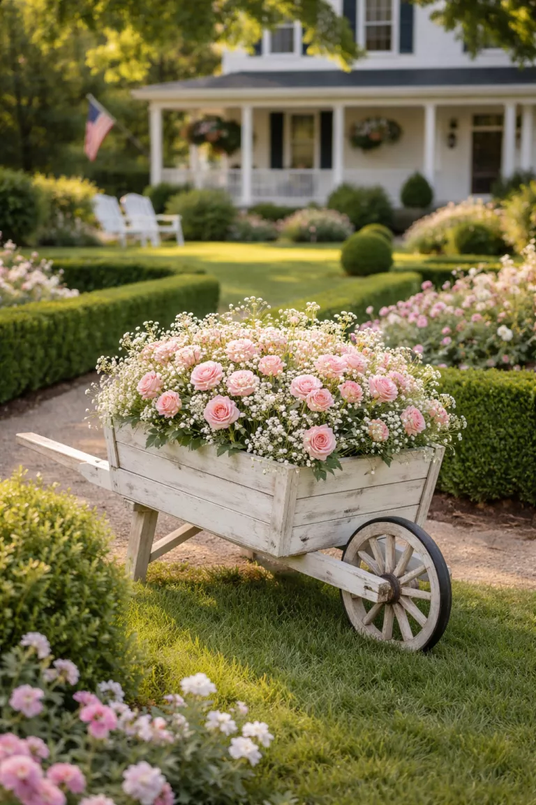 A realistic photo of a traditional American home's backyard featuring a whitewashed wooden wheelbarrow, it is filled with miniature pink roses and delicate white baby's breath, it sits in the middle of a formal garden with trimmed hedges.