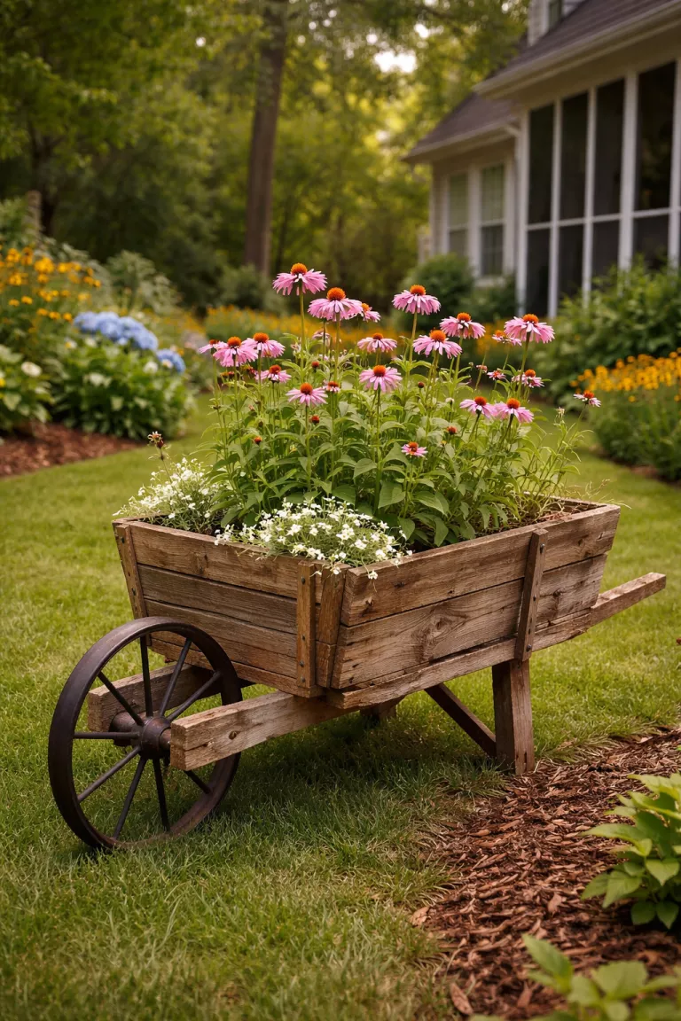 A realistic photo of a traditional American home's backyard featuring a handmade wheelbarrow planter built from weathered pallet wood, purple coneflowers grow tall from the wooden bed, the structure has a rustic and handmade feel with visible wood grain.