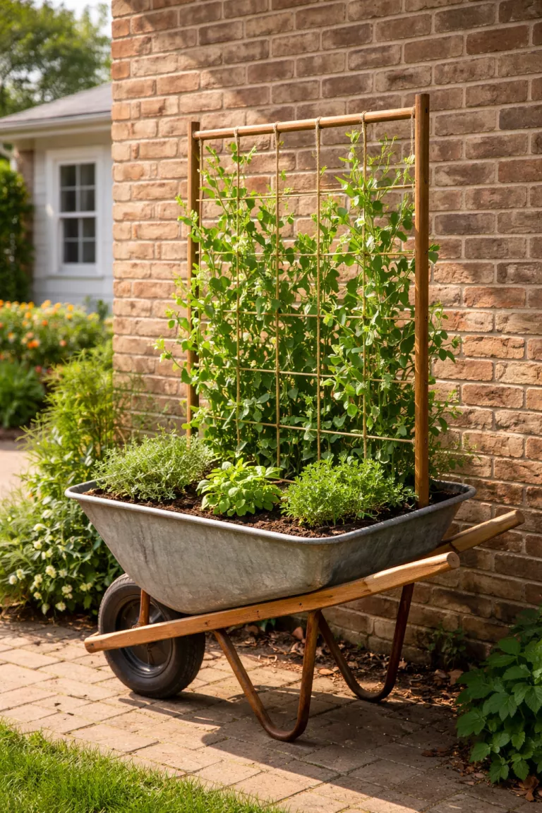 A realistic photo of a traditional American home's backyard featuring a wheelbarrow with a wooden trellis attached to the back, green climbing pea plants grow up the trellis while small herbs grow at the base, it sits against a sunny brick wall.