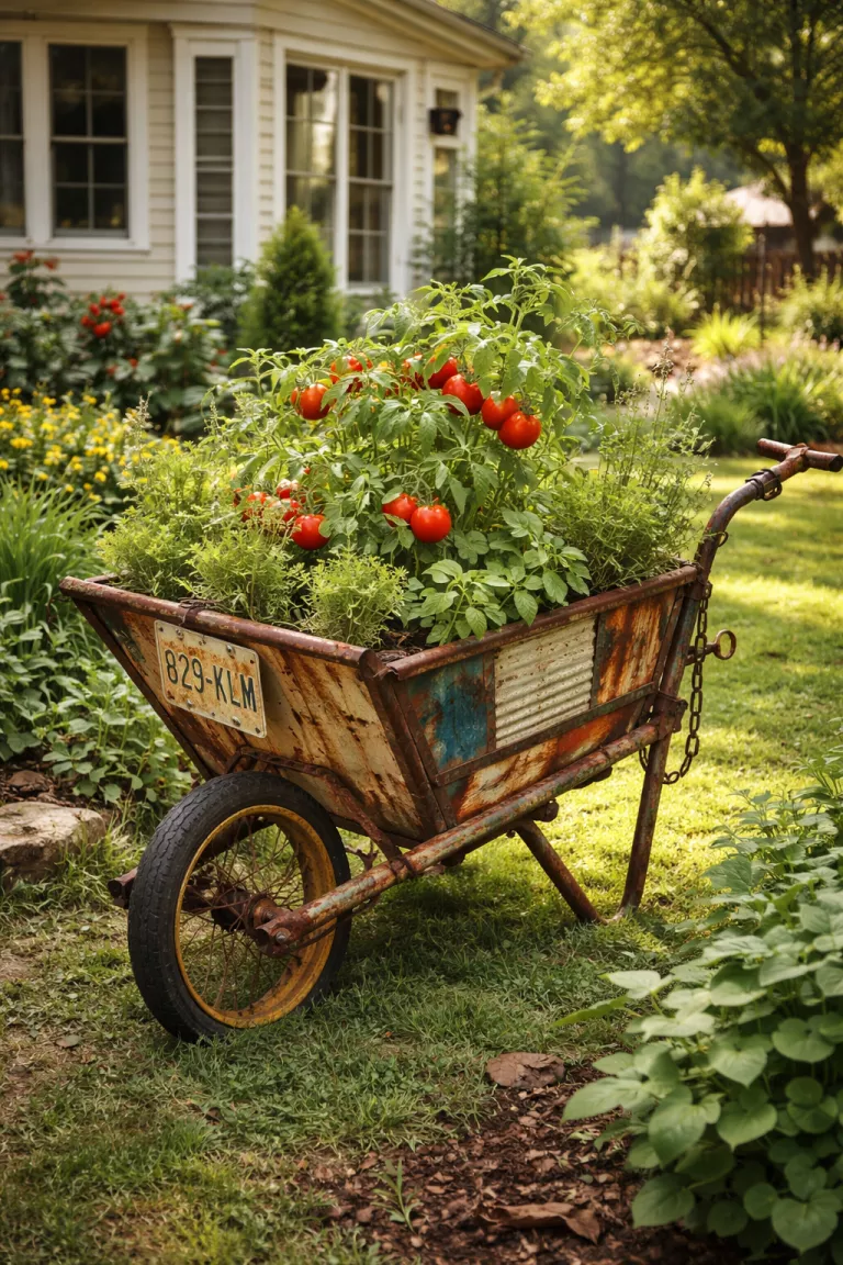 A realistic photo of a traditional American home's backyard showcasing a wheelbarrow made from various recycled scrap materials, it is planted with heritage tomatoes and wild herbs, the design is unique and artistic with a rustic feel.