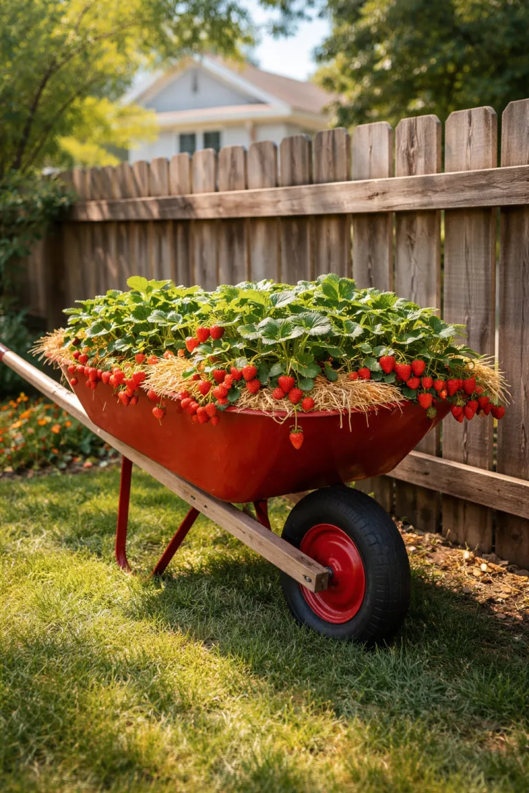 A realistic photo of a traditional American home's backyard with a red wheelbarrow converted into a strawberry patch, bright red berries hang over the edges, a layer of golden straw covers the soil, the wheelbarrow sits near a sunny wooden fence.