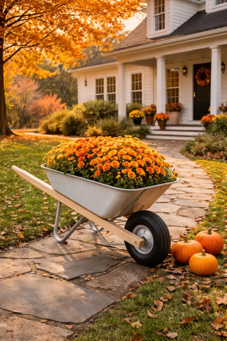 A realistic photo of a traditional American home's backyard showing a white wheelbarrow on a paved walkway, filled with bright orange and yellow mums for the fall season, a few small pumpkins sit on the ground nearby under the clear autumn sky.