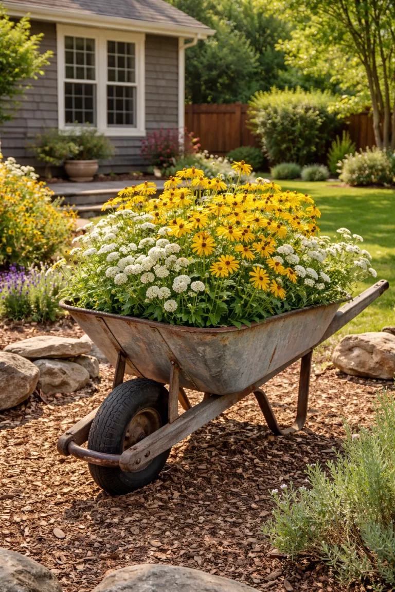 A realistic photo of a traditional American home's backyard featuring a metal wheelbarrow planted with yellow black-eyed Susans and white yarrow, the plants look hardy and healthy in a sunny, dry area of the garden.