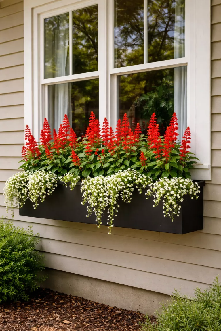 A realistic photo of a typical American home's backyard window with a long matte black fiberglass box containing tall red salvia and trailing white alyssum.