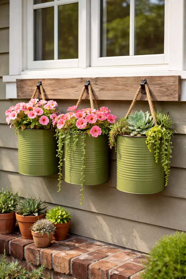A realistic photo of a typical American home's backyard window featuring a creative planter made from olive green painted large tin cans holding pink flowers and succulents.
