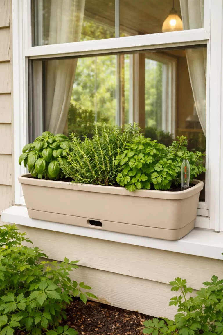A realistic photo of a typical American home's backyard window featuring a beige self-watering box with a water level indicator and thriving green herbs.