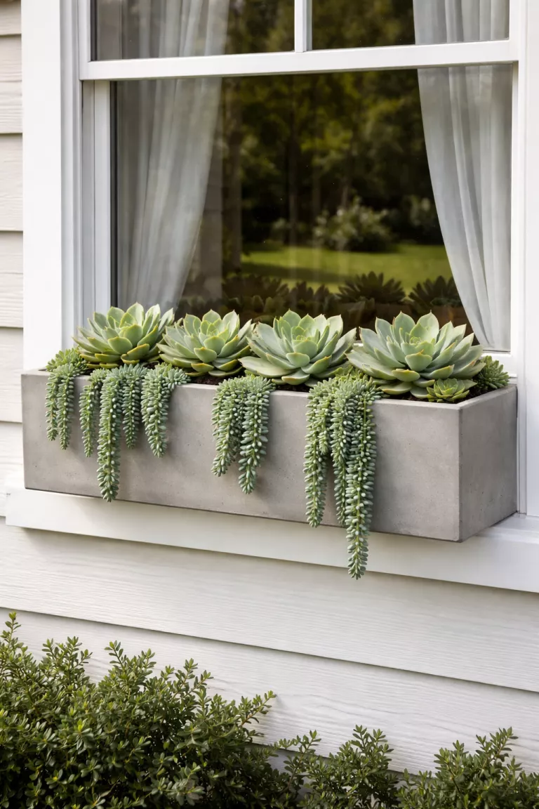 A realistic photo of a typical American home's backyard window with a modern sleek concrete box containing green echeveria and trailing blue-green burro's tail succulents.