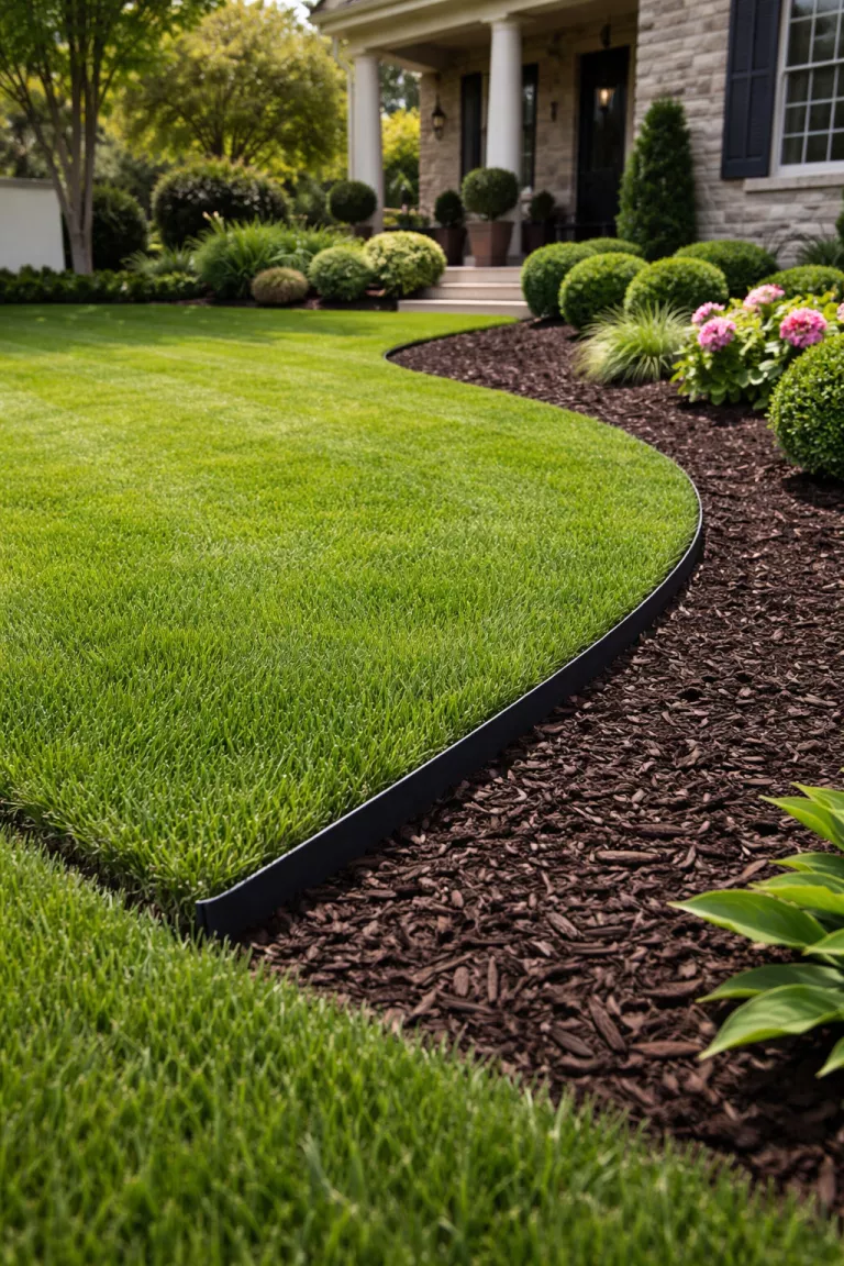 A realistic photo of a front yard where a sharp, clean edge separates a bright green lawn from a dark mulch bed, using a thin strip of black steel edging for a professional look.