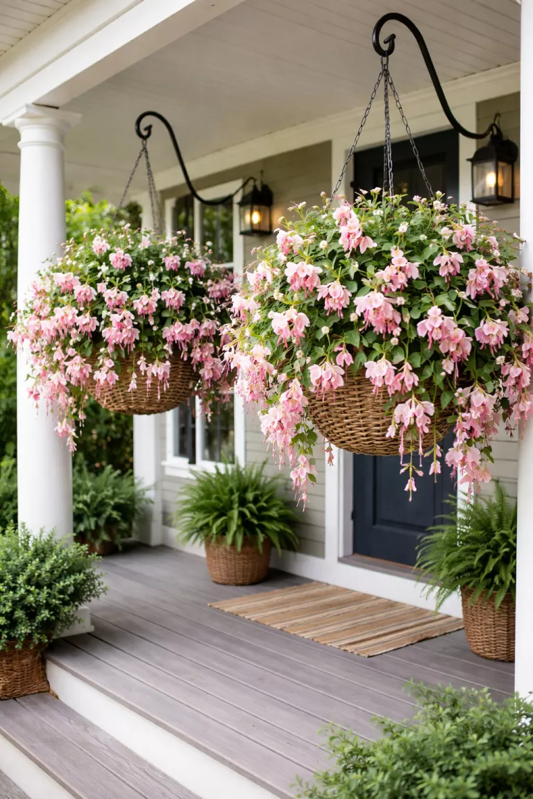 A realistic photo of a front yard porch with two large woven baskets hanging from black metal hooks, filled with a dense explosion of pink and white fuchsia flowers dripping toward the wooden floor below.