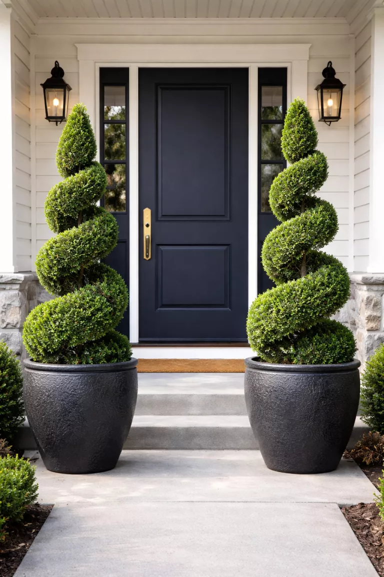 A realistic photo of a front yard entrance flanked by two tall, spiral-cut boxwood topiaries in heavy charcoal-colored ceramic planters, positioned symmetrically on either side of a clean concrete doorstep under a porch roof.