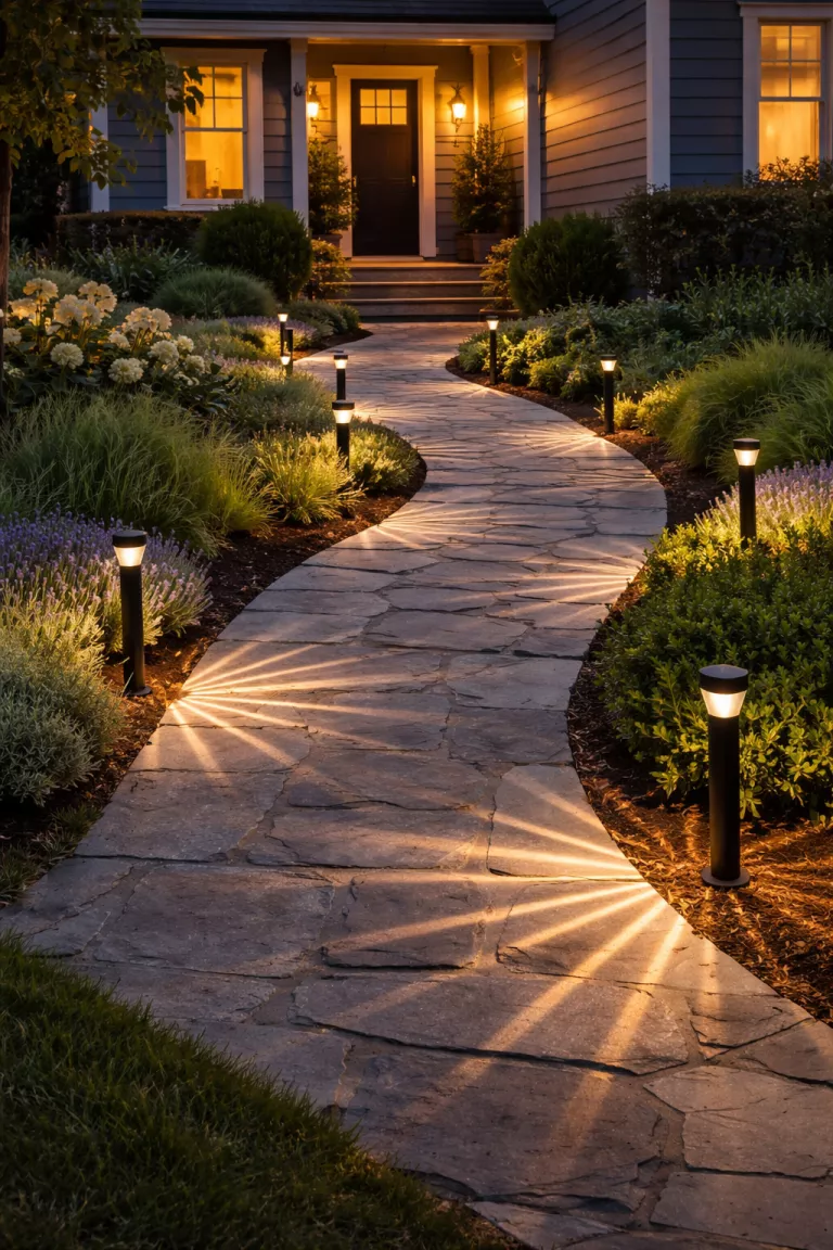 A realistic photo of a front yard at dusk with a winding slate walkway illuminated by minimalist black solar stakes that cast a starburst pattern of light onto the ground and the low shrubs lining the path.