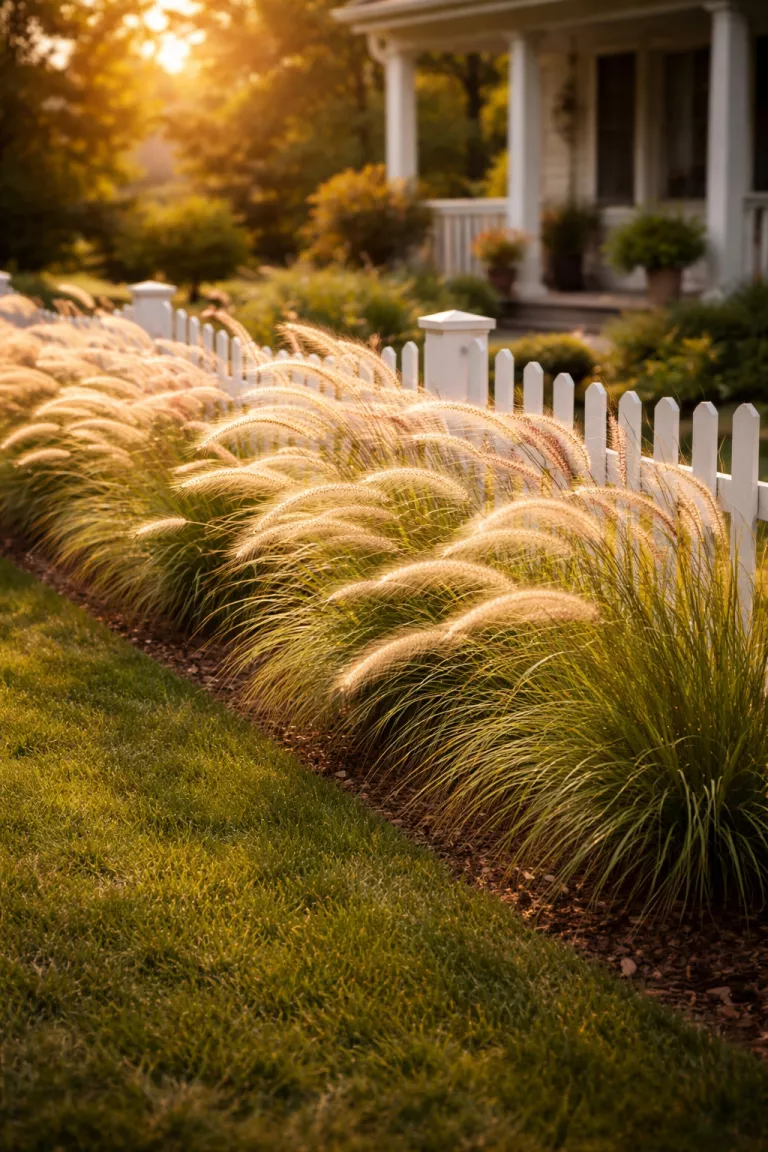 A realistic photo of a front yard with a row of tall, feathery fountain grasses swaying in the wind along a white picket fence, with the golden afternoon sun highlighting the delicate seed heads.
