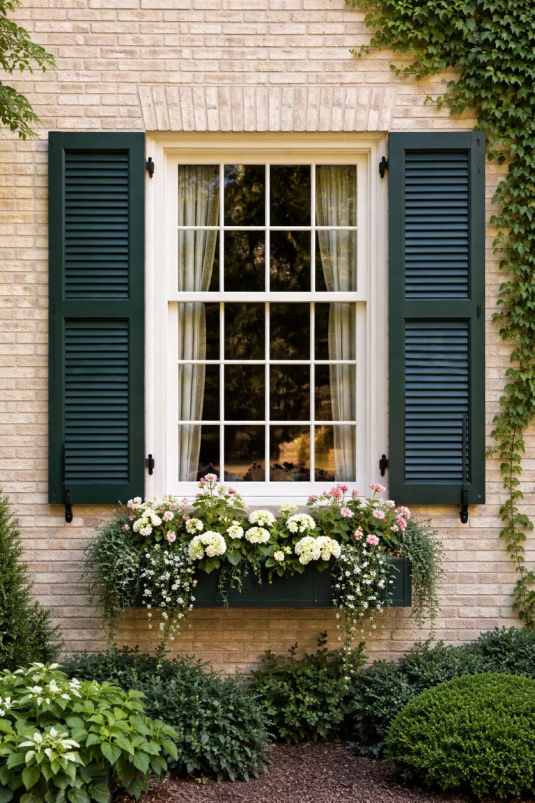 A realistic photo of a front yard window framed by deep forest green wooden shutters with traditional louvers and black iron hinges, mounted against a light brick wall with ivy climbing nearby.