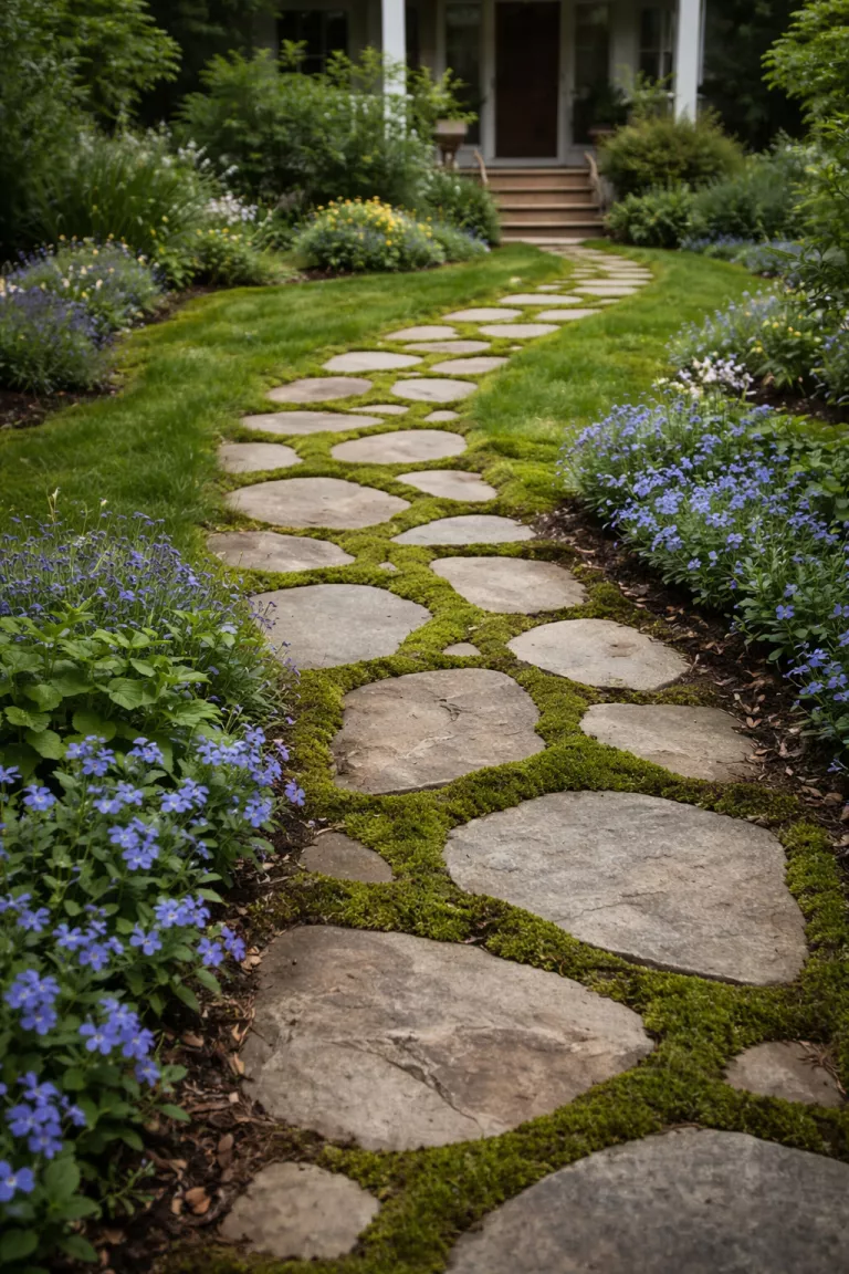 A realistic photo of a front yard where a path of irregular flagstone pieces leads through a lush green lawn, with moss growing naturally in the gaps between the stones and small blue flowers bordering the edges.