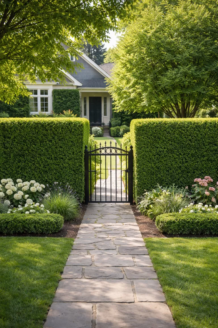 A realistic photo of a front yard bordered by a perfectly manicured tall boxwood hedge that creates a solid green wall, with a small opening for a black iron gate leading to a stone path.