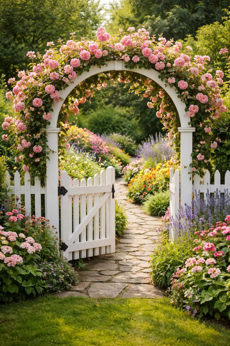 A realistic photo of a front yard entrance with a white wooden garden arch over a small swinging gate, covered in pink climbing roses and leading into a colorful flower garden with a stone path.