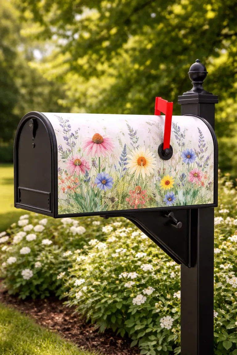 A realistic photo of a front yard mailbox covered in a magnetic wrap featuring a subtle watercolor pattern of wildflowers, looking bright and refreshed against a background of green leafy trees.
