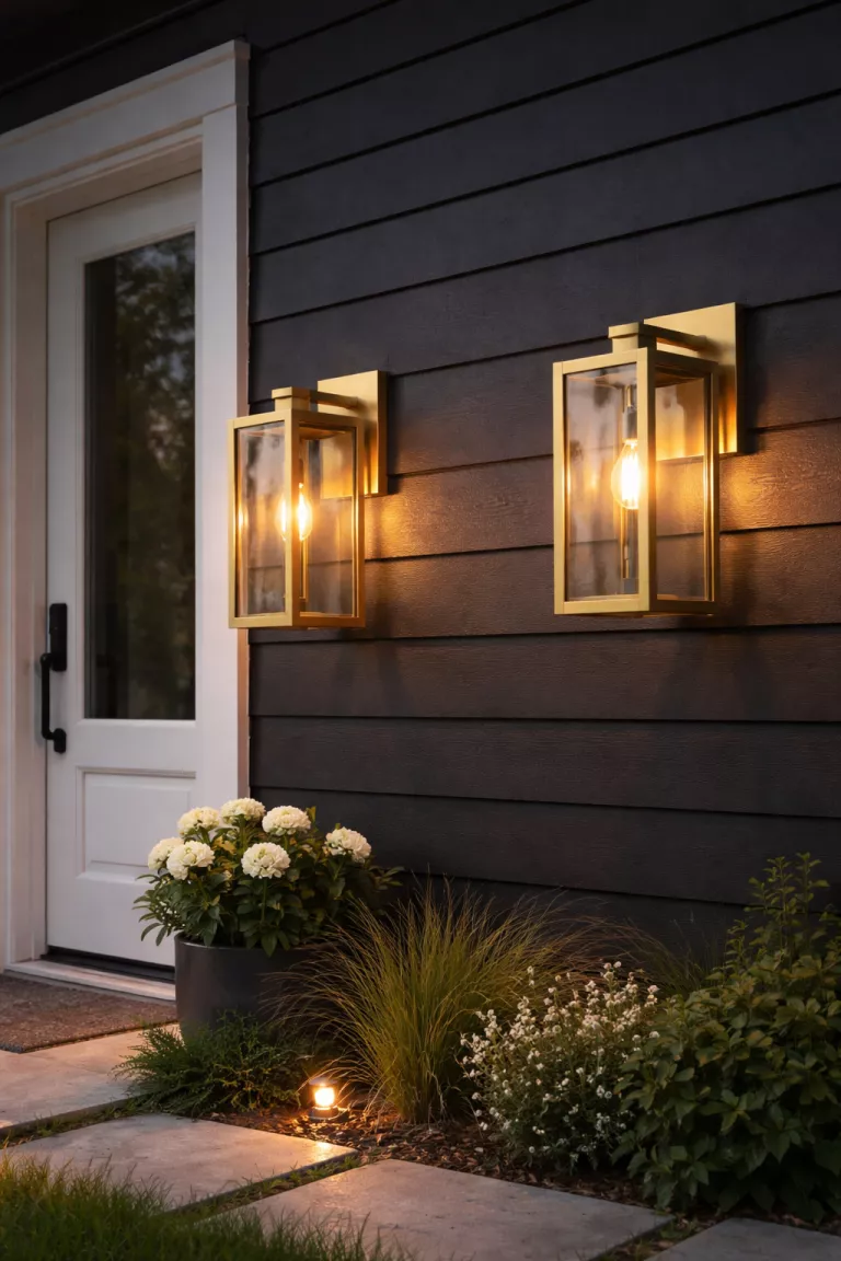A realistic photo of a front yard exterior wall with two modern lanterns in a matte gold finish, featuring clear glass panels and Edison-style bulbs that emit a soft yellow glow against dark siding.