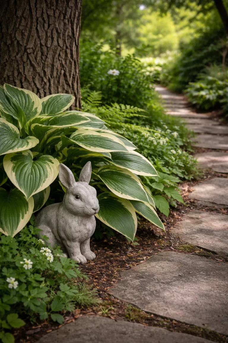 A realistic photo of a front yard garden featuring a small, minimalist concrete statue of a sitting rabbit hidden partially behind a hosta plant near a shaded garden path under an oak tree.