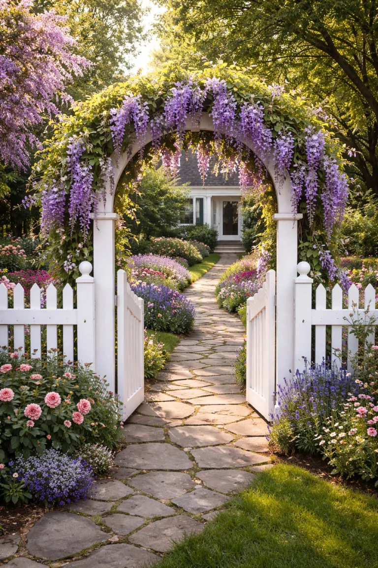A realistic photo of a front yard with a white picket fence featuring a tall decorative arched wooden gate, a stone path leading through the gate, and purple wisteria hanging from the archway in the spring.