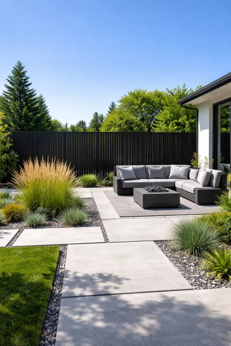 A realistic photo of a front yard displaying a sleek black aluminum slat fence with thin vertical gaps, a contemporary concrete patio with grey outdoor furniture, architectural ornamental grasses, and sharp geometric lines under a clear blue sky.