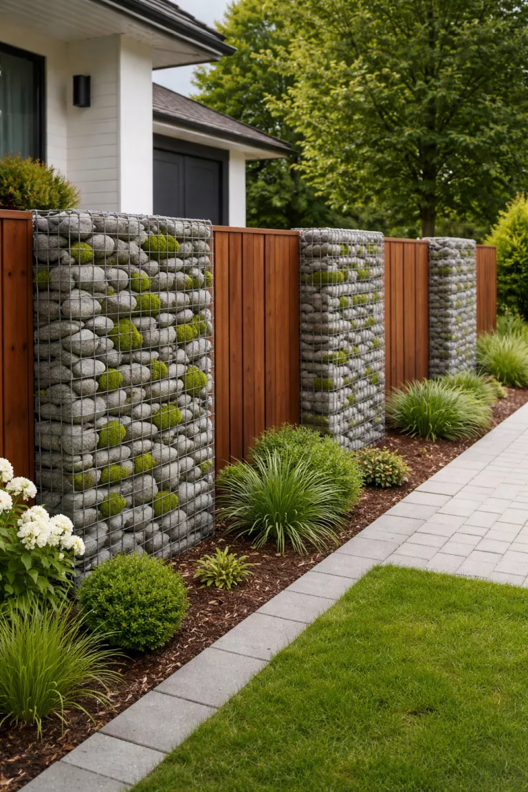 A realistic photo of a front yard showcasing a gabion wall fence made of wire cages filled with smooth grey river stones, alternating with tall wooden privacy panels, and green moss growing between the rocks.