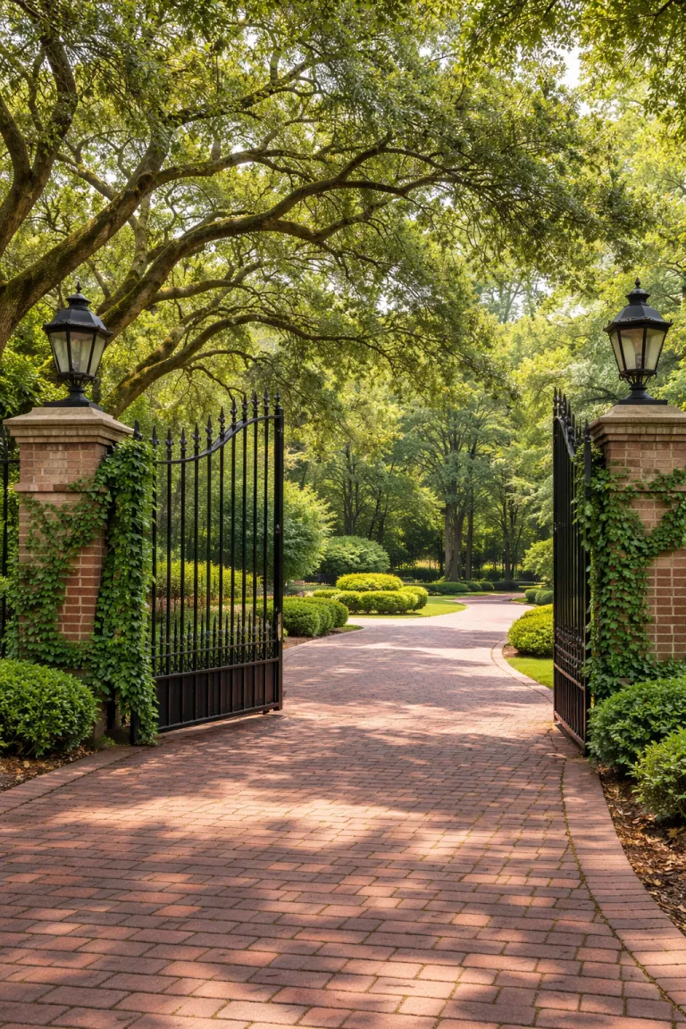 A realistic photo of a front yard showcasing a tall black wrought iron fence with decorative fleur-de-lis finials, a grand brick driveway entrance, lush green ivy climbing the bars, and a background of mature oak trees casting soft shadows.