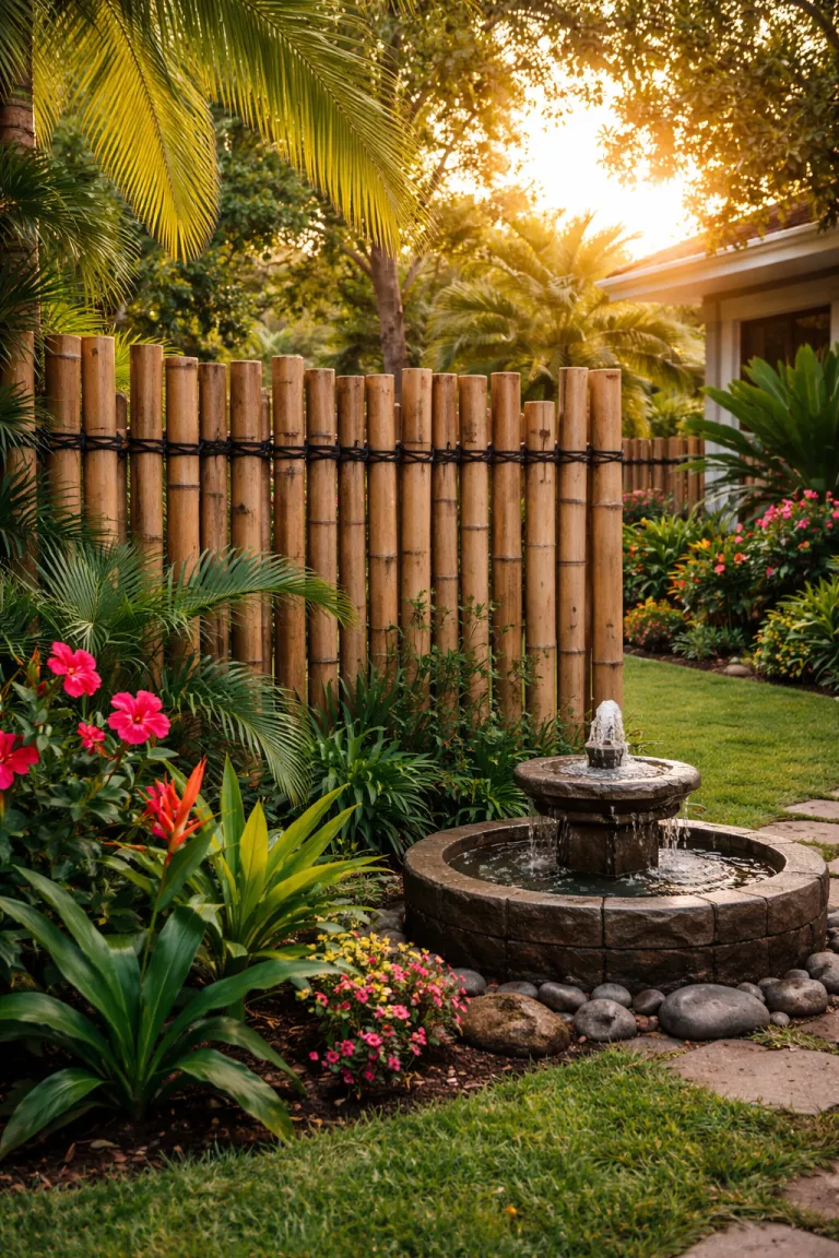 A realistic photo of a front yard with a tall bamboo pole fence tied with black twine, lush tropical plants like palm fronds and hibiscus flowers, a small stone fountain, and soft golden hour sunlight filtering through the bamboo.