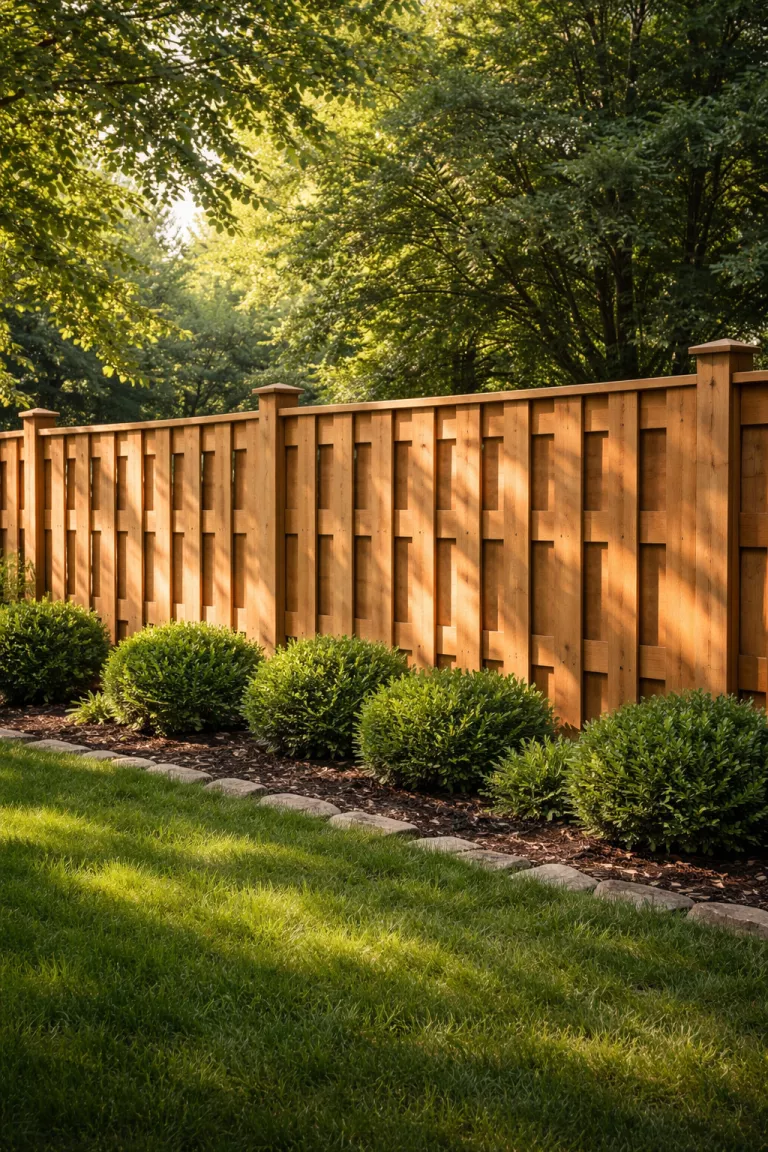 A realistic photo of a front yard with a shadowbox wooden fence where boards alternate on the front and back, creating a textured 3D effect, with dappled sunlight hitting the natural wood grain and green bushes.