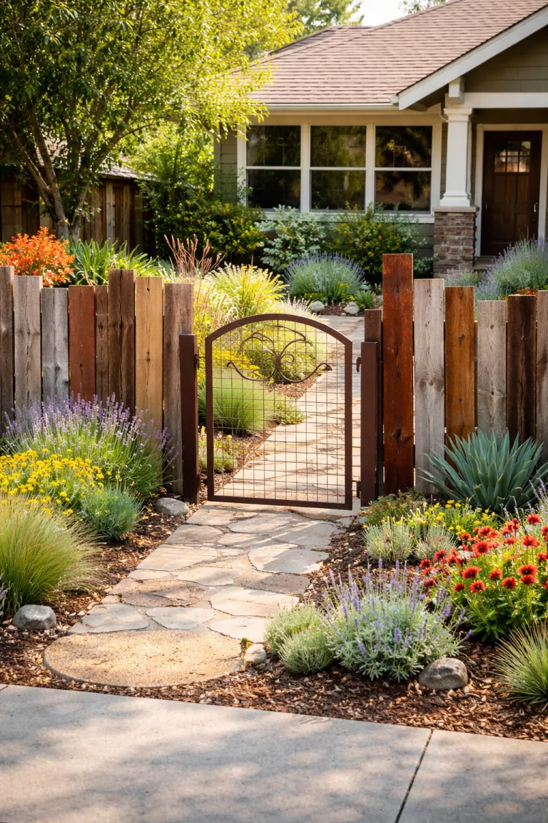 A realistic photo of a front yard with a fence made of varying lengths of reclaimed barn wood with different stains and textures, a rusty metal gate, and a xeriscaped garden with drought tolerant plants.