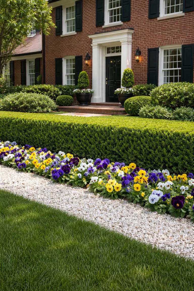 A realistic photo of a front yard featuring a perfectly manicured low boxwood hedge serving as a natural fence, a bed of white mulch with colorful pansies, and a traditional brick colonial house in the background.