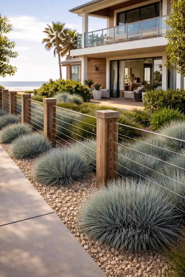 A realistic photo of a front yard featuring a fence with thin horizontal steel cables stretched between chunky wooden posts, a view of a modern beachfront home, and ornamental blue grasses planted along the perimeter.