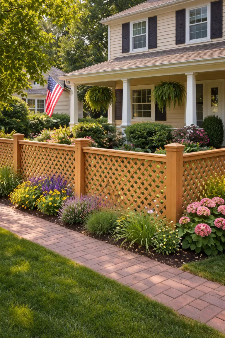 A realistic photo of a front yard featuring a fence made of tight checkered wooden lattice panels, a border of tall ornamental grass, a small stone birdbath, and warm late afternoon sunlight.
