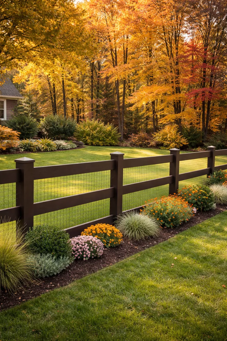 A realistic photo of a front yard featuring a dark brown post and rail fence with discreet black wire mesh attached to the back, and a backdrop of autumn trees.