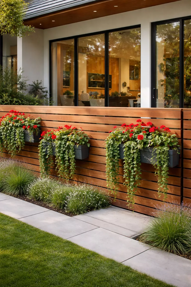 A realistic photo of a front yard with a horizontal wood slat fence that has built in metal planter boxes filled with cascading green ivy and red flowers, a modern house with large glass windows.