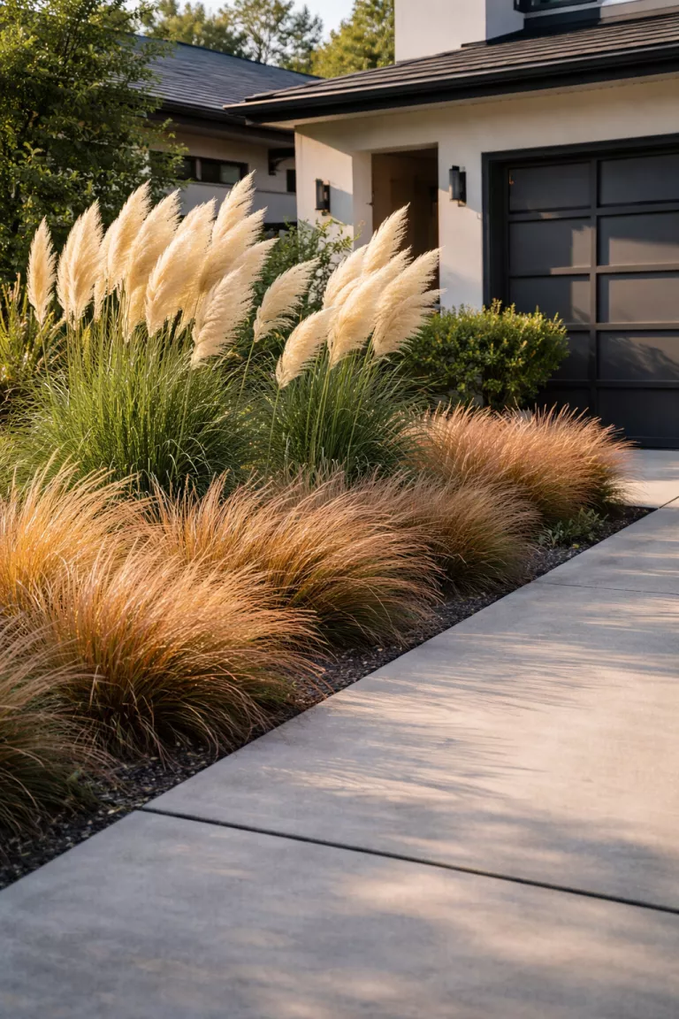 A realistic photo of a front yard featuring tall feathery pampas grass and bronze colored sedge swaying in the wind, the grasses are planted in groups next to a modern concrete driveway, the texture provides a soft contrast to the hard lines of the house.