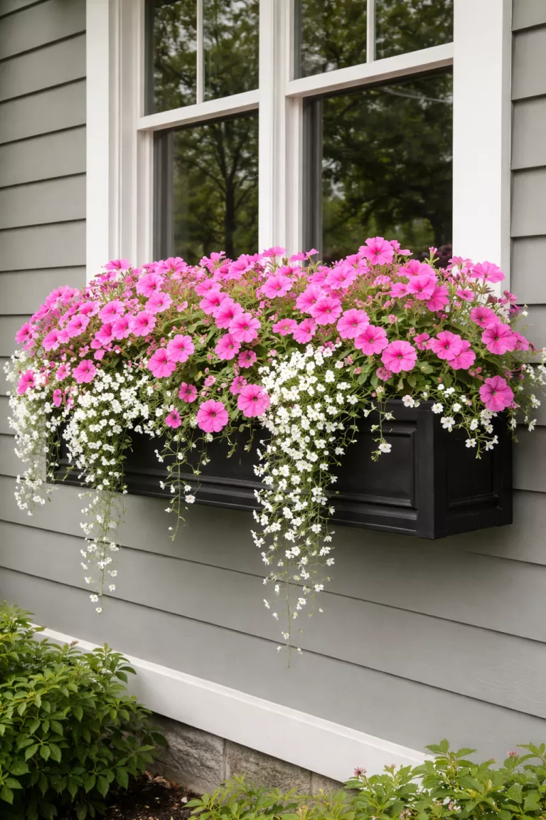 A realistic photo of a front yard showing a black wooden window box overflowing with pink petunias and white lobelia, the box is mounted under a large window of a grey house, petals and leaves trail down the front of the container.