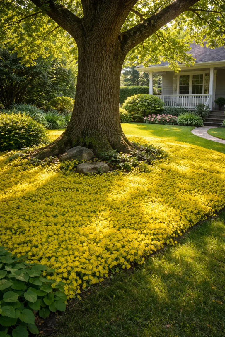 A realistic photo of a front yard where a carpet of yellow creeping Jenny flows around the base of a large oak tree, the low growing plants create a bright sea of gold that replaces the grass in the shaded area, the sunlight flickers through the branches above.