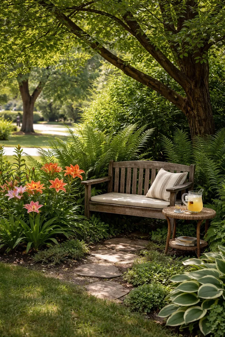 A realistic photo of a front yard featuring a small wooden bench tucked into a corner surrounded by tall ferns and blooming lilies, a small side table holds a glass of lemonade, the spot looks private and shaded under a large leafy tree.
