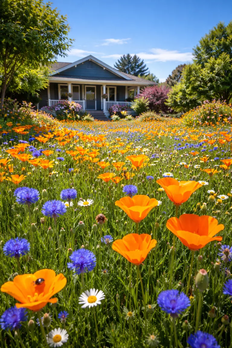 A realistic photo of a front yard transformed into a vibrant meadow of orange poppies and blue cornflowers, bees and ladybugs move between the stems, the lawn is replaced by a dense carpet of native blooms under a wide clear sky.