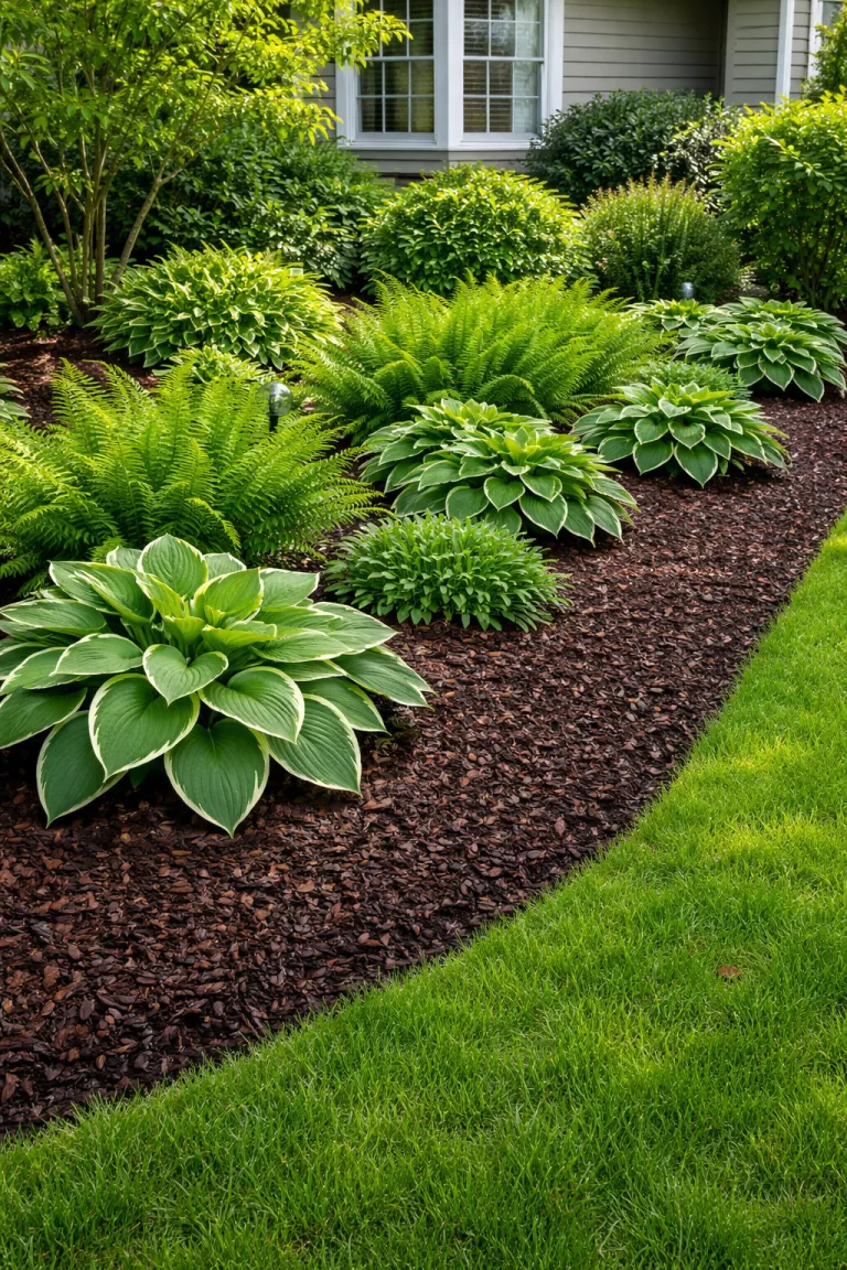 A realistic photo of a front yard featuring dark brown wood mulch spread evenly around a collection of hostas and ferns, the damp mulch looks rich and clean against the bright green leaves, the edges of the bed are neatly trimmed against the lawn.